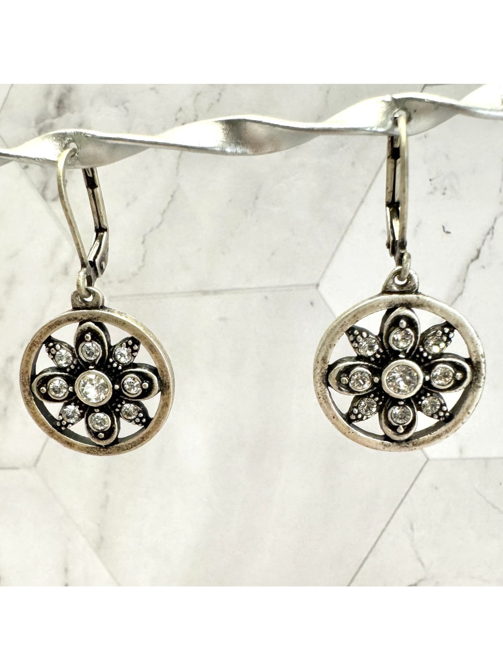 Touchstone Crystal by Swarovski Earrings Silver Tone Clear Flower Drop Dangle